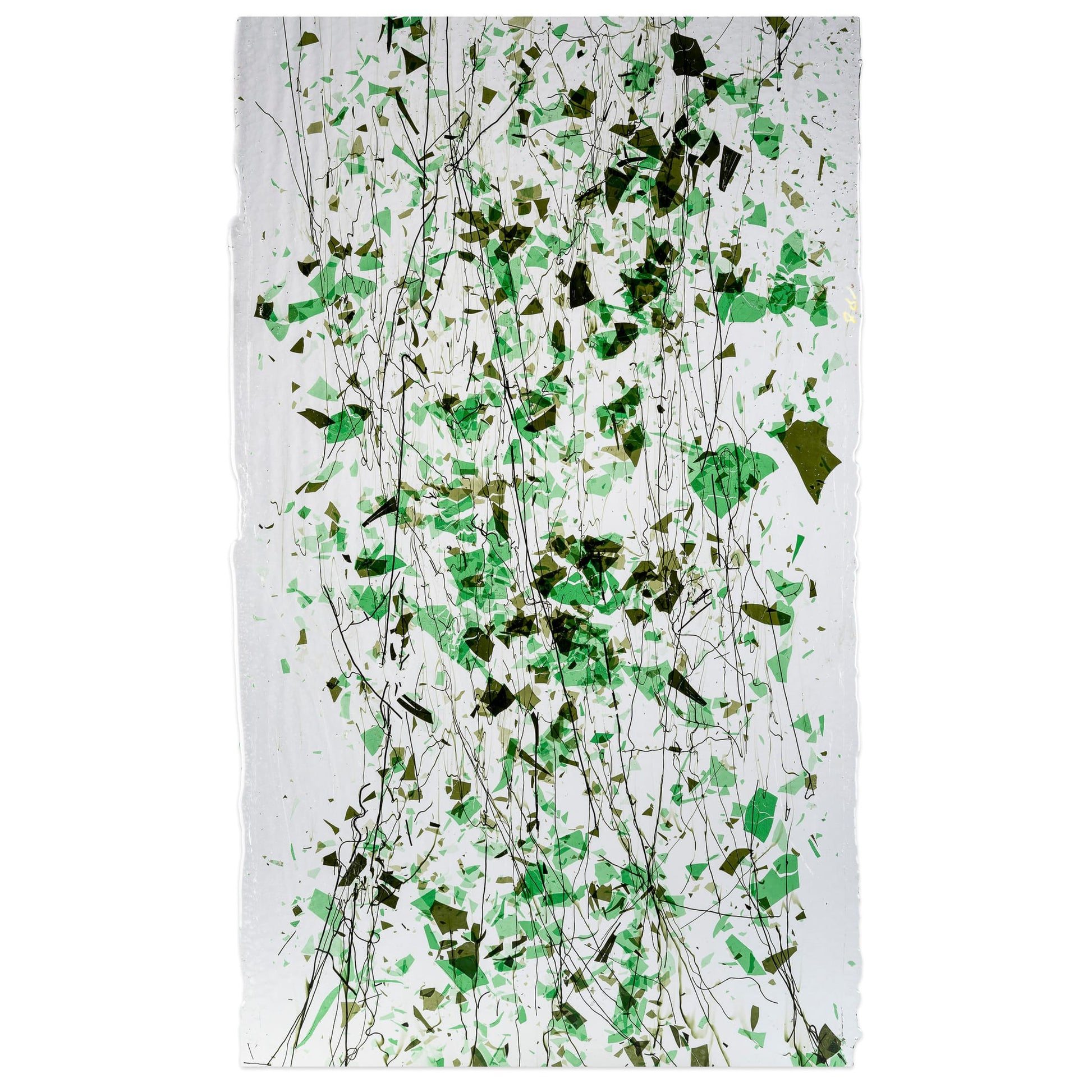 Bullseye COE90 Fusing Glass 004325 Green Fracture with Line Cast Green Streamers on Clear Half Sheet